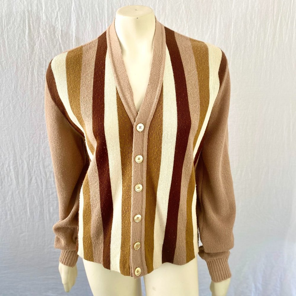 Vintage 1960s Light Brown Cardigan - Ashton Sportswear - Tan, Cream and Brown